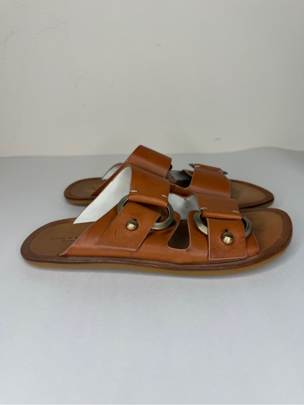 rag & bone Avost Gold Buckle Strappy Slide Sandals Brown Leather Women’s 38 US 7